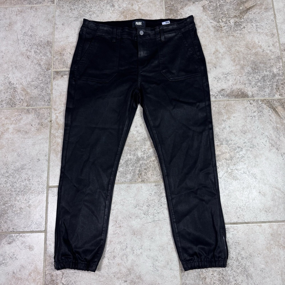 Paige Mayslie Jeans Womens 33 Straight Black Fog Luxe Coated Transcend Zip Ankle